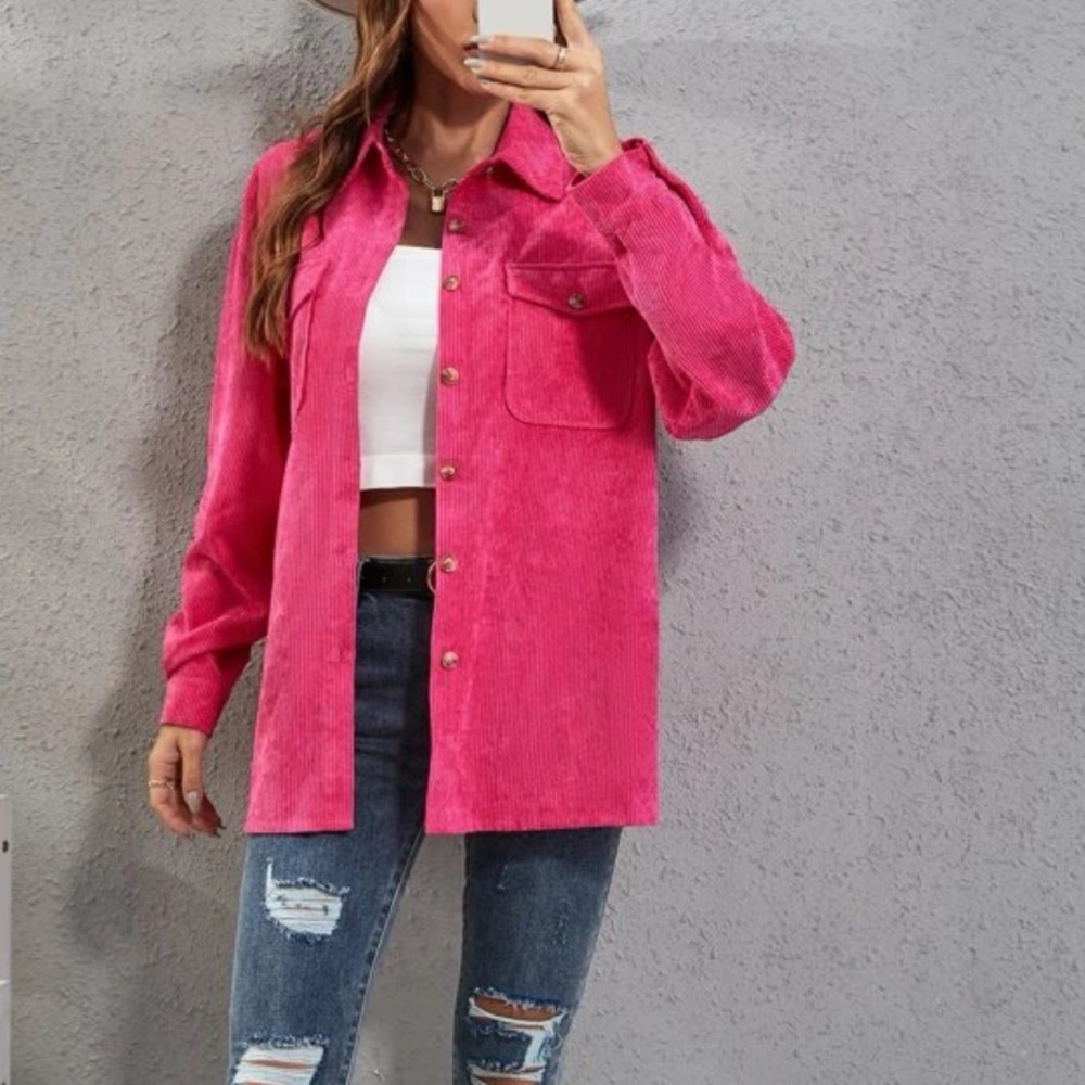 Pink over sized flap pocket corduroy jacket top